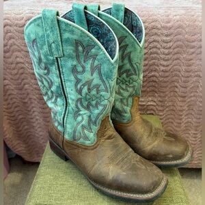 Laredo Brown and Teal Embroidered Leather Cowboy Boots